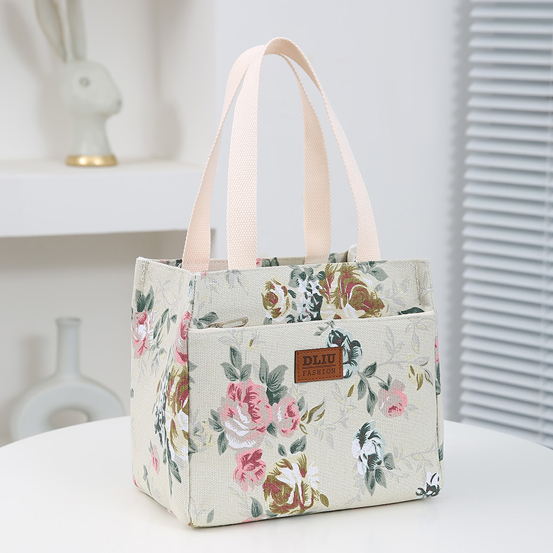 Insulation Bag Cooler Portable Ice Bag Print Multipurpose Lunch Bag Bento Bag Household Lunch Box Handbag: Ivory