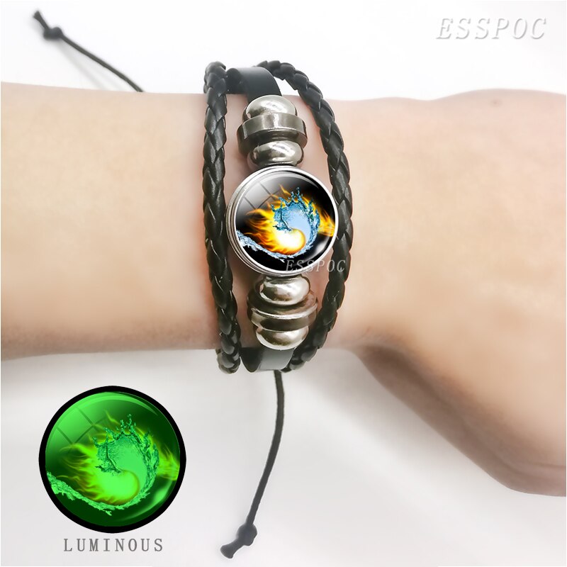 YinYang potins en cuir noir Bracelet lumineux rétro Tai Chi Kung Fu Logo bouton pression Bracelet hommes et femmes bijoux accessoires