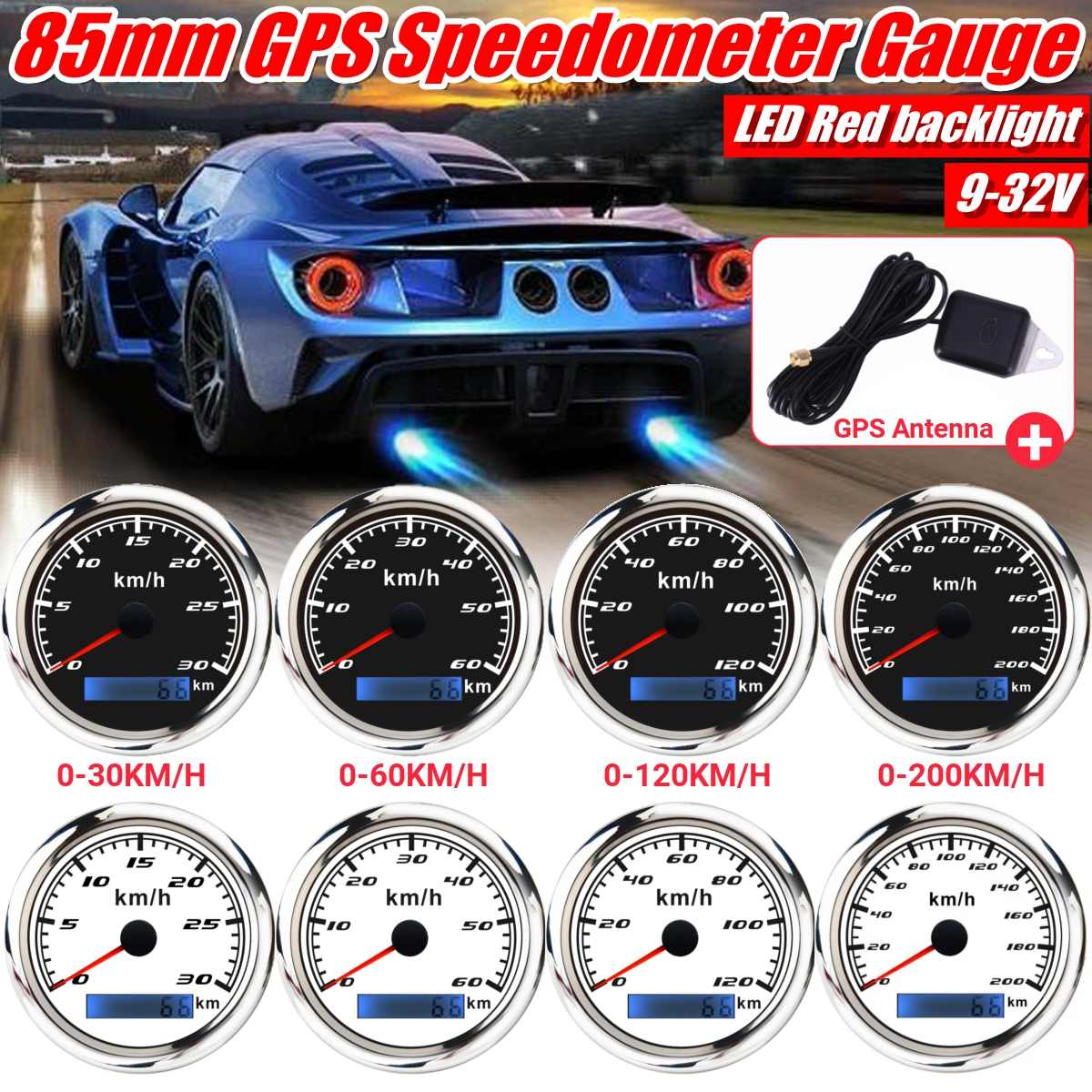 85mm GPS Speedometer Digital Gauge 30 60 120 200 KMH Odometer For Marine Boat Car ATV Truck Red Backlight With GPS Antenna
