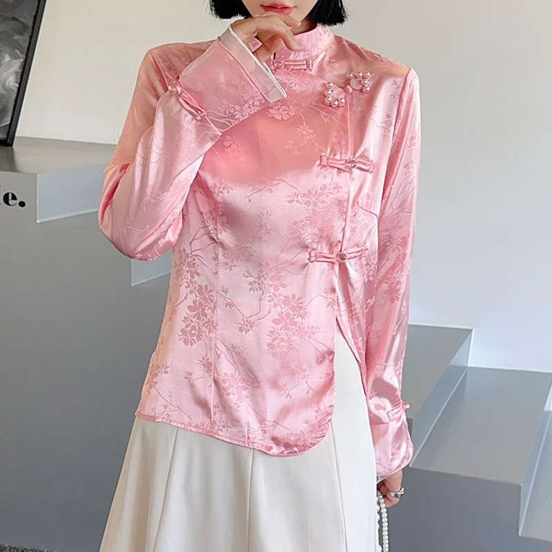 Vintage kinesisk stil jacquard skjorter høj hals perlespænde pink langærmet dame med temperament elegance kontor basics skjorte