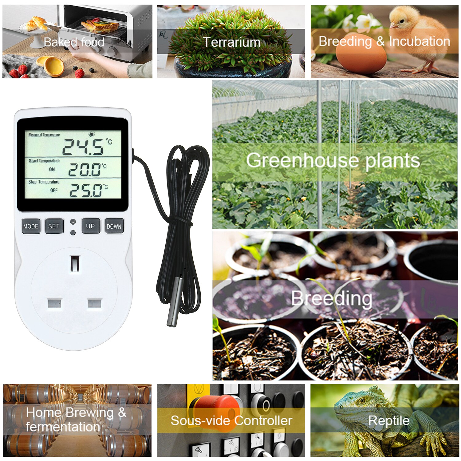 Digital Thermostat Controller for Terrarium Aquarium Reptiles Temperature Controlled Outlet with Timer and Probe