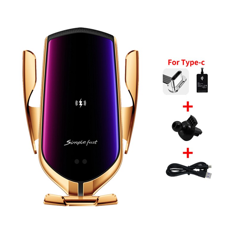 Auto Clamp 15W Car Wireless Charger Holder for phone Infrared Induction Qi Wireless Charger for Samsung iphone 12 11 XS MIX2S 3: Gold for TypeC