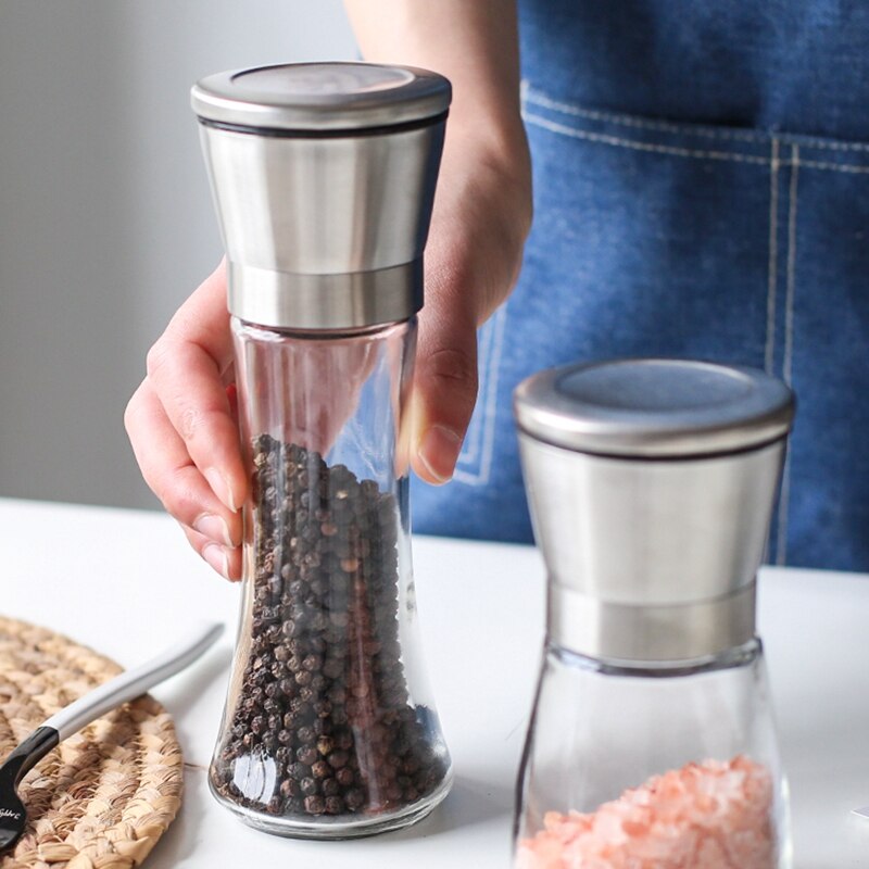 Stainless Steel Pepper Grinder Glass Body Spice Mills Shaker Handheld Seasoning Pot Salt Container Condiment Jar Cooking Tools