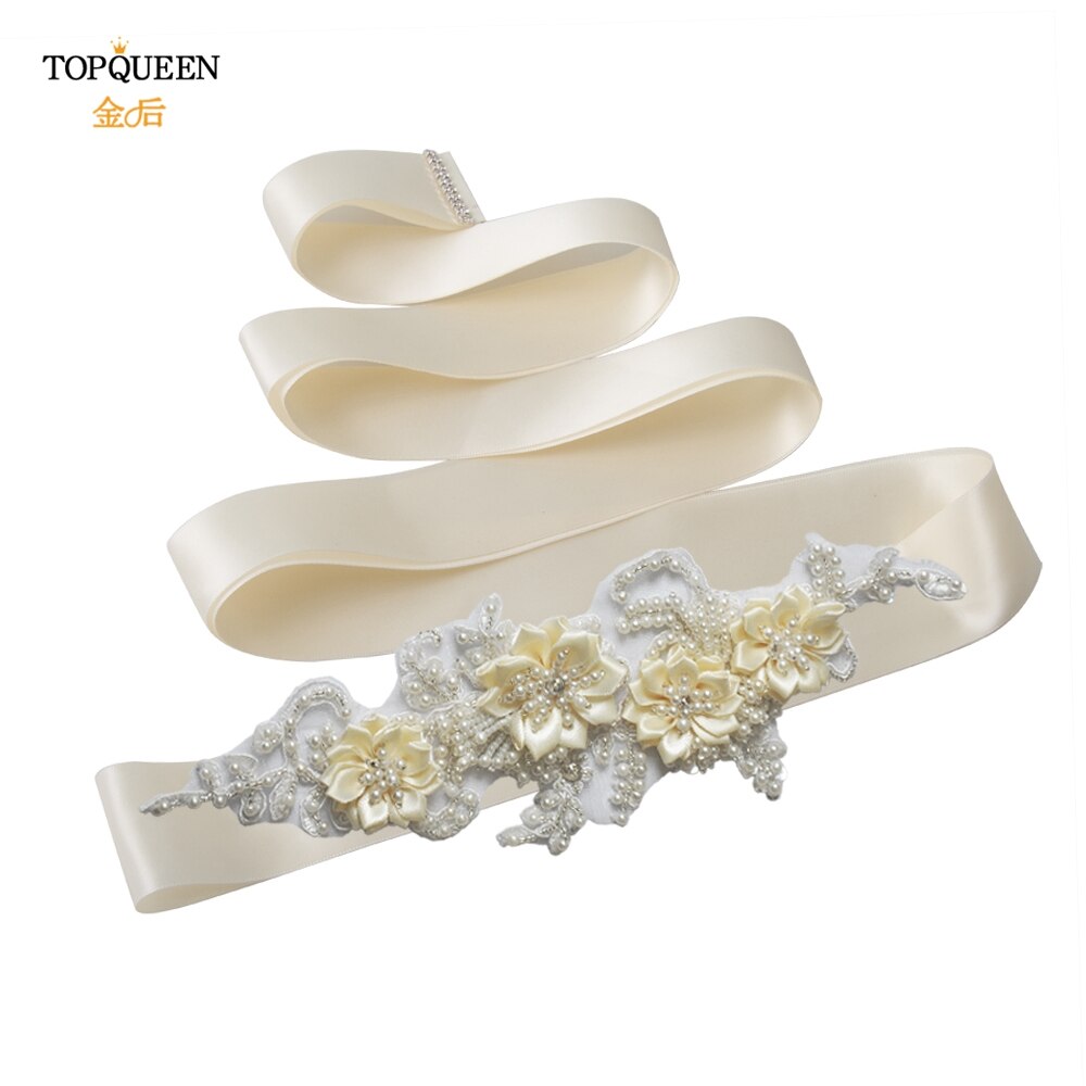 TOPQUEEN-cinturones de abalorios hechos a mano para novias, cinturón embellecedor de noche, cinturones de lujo, accesorios para vestidos de boda, S346: ivory ribbon