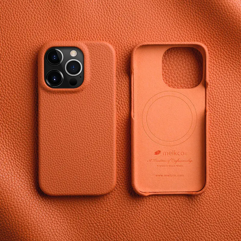 Melkco Premium Genuine Leather Case for iPhone 15 14 Pro Max Plus Magnetic Luxury Business Natural Cowhide Phone Cover: CANVAS / Orange