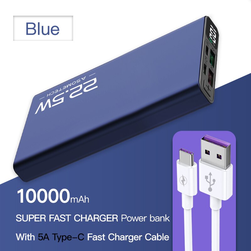 10000mAh Energie Bank 22,5 W QC 4,0 PD VOOC 5A schnell aufladen Energie USB Typ C Zwei-weg schnelle Ladung Externe Batterie Ladegerät: Blau-5A typeC Kabel