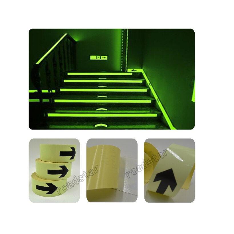 5CM X 10M 5cm width glow in the dark tape lasting 4 hours wiht arrow printing for safety guiding