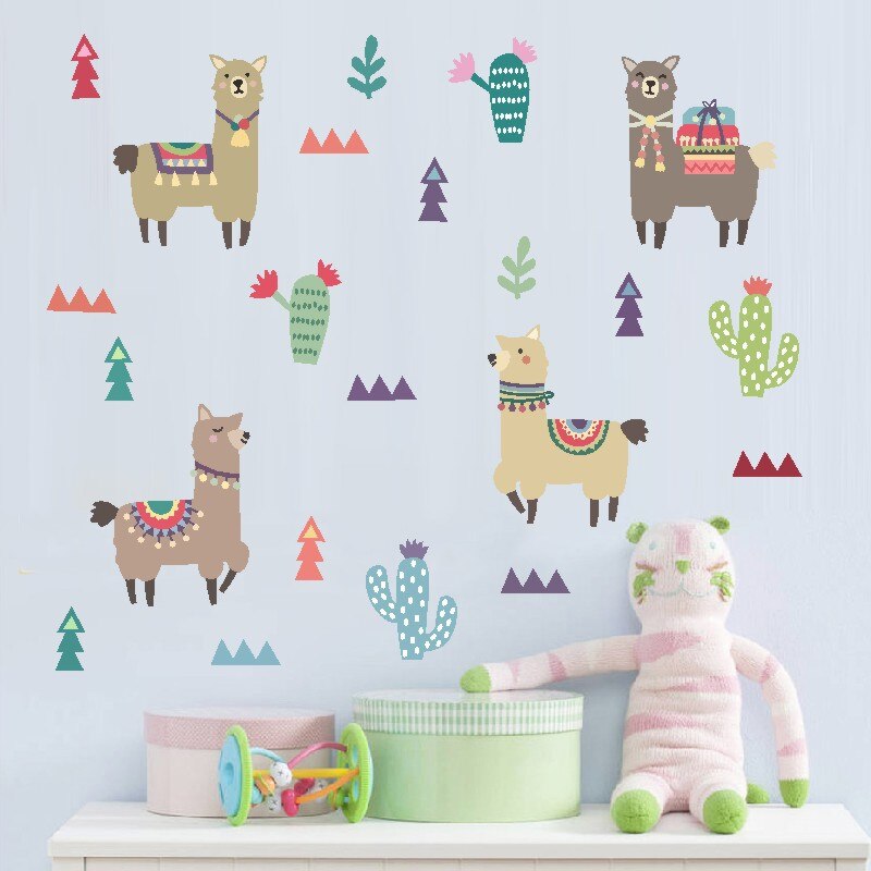 Tofok Indian Style Alpaca Cactus Children Room Wall Stickers Cartoon Animal Removable Decals Nursery Home Decoration Paste