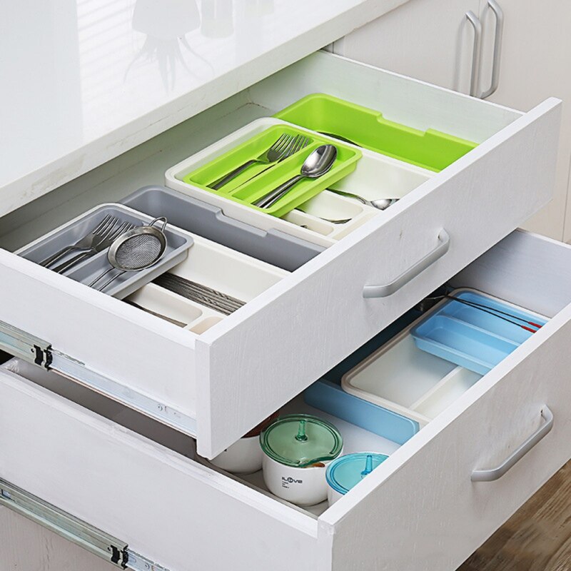 Adjustable Small Utensil Silverware Organizer Plastic Cutlery Dividers Organizer Tray Holder Expandable Kitchen Drawer Organizer