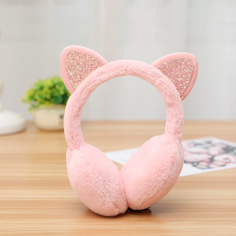 Ear Muffs Cat Animal Ears Warmer For Women Girls Cute Winter Outdoor Ear Cover Warm Sequin Earmuffs Fluffy Earflap Ear Warmers: pink