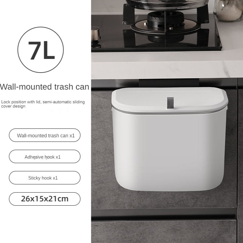 9L With Lid Waste Bin Kitchen Wall Mounted Trash Can Bathroom Toilet Door Hanging Trash Bin Garbage Car Recycle Dustbin Rubbish: kitchen trash can 7L