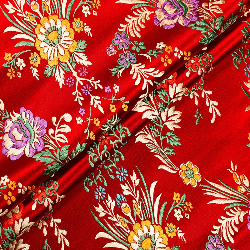 Bloem Satijn Stoffen Brokaat Jacquard Patroon Jurk Stof Rood Voor Naaien Cheongsam En Kimono Materiaal Voor Diy