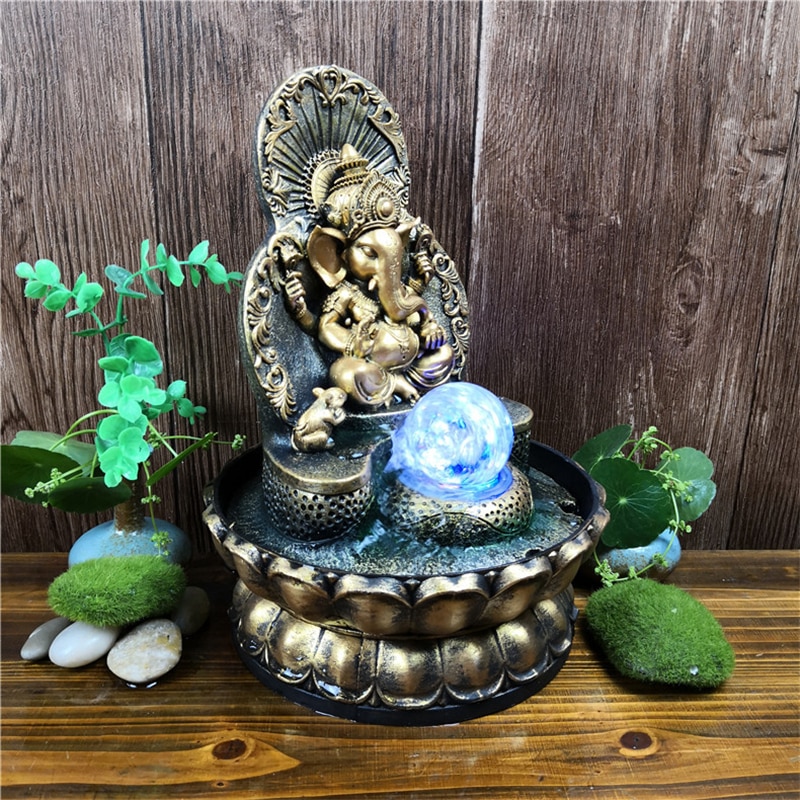 Elephant God Ganesha Lucky Water Fountains Ornaments Good Fortune Feng Shui Craft Indoor Desktop Fountain Air Humidifier