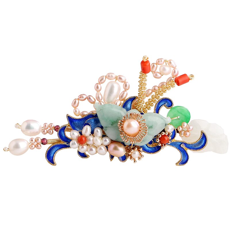 Kanzashi Hanfu-accesorios originales hechos a mano para el cabello, Varita para el pelo de Jade Vintage Cloisonne, Perla de mariposa, ágata, horquilla de Adorno