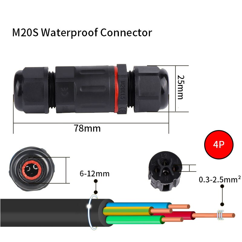 IP68 Waterproof Connector 2/3/4/5 Pin Electrical Terminal Adapter Wire Connector Screw Pin connector LEDLight Outdoor Connection: M20S-4p