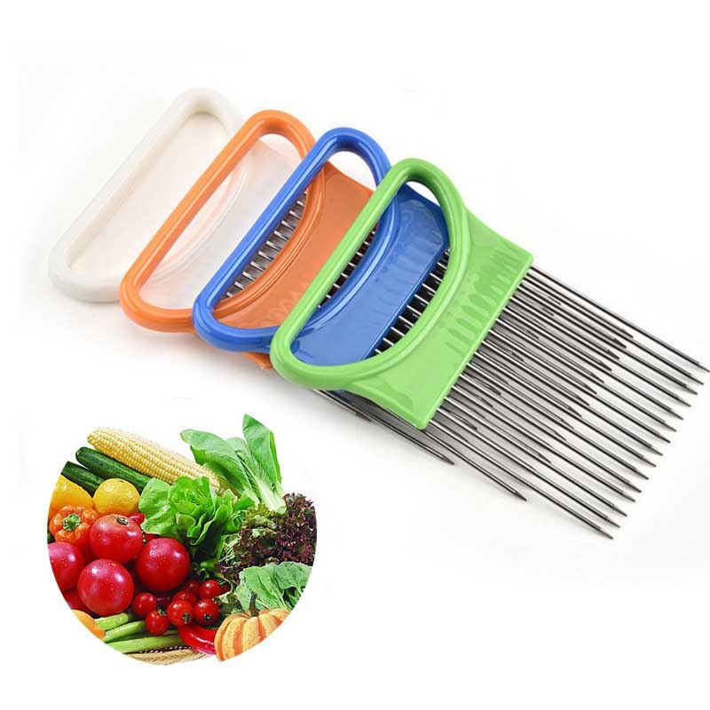 Tenedor de cocina de soporte para corte fácil de cebolla, rebanador de verduras de plástico de acero inoxidable, cortador de tomate, dispositivos con agujas para carne, herramientas de carne 10