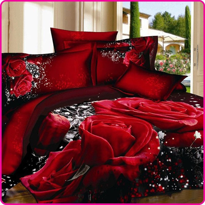 Reaktivt trykt 3d seng sæt 3d sengetøj sæt linnedronning sengetøj dynebetræk sæt rød sort rosetæppe