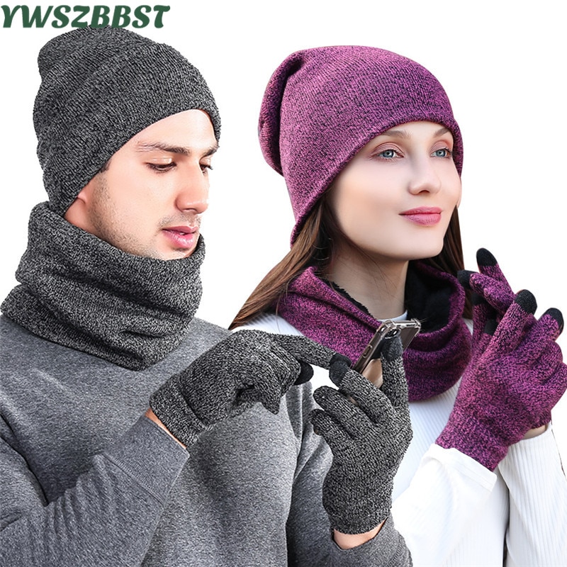 de punto para hombres gorro para exteriores más terciopelo mujeres sombrero bufanda guantes conjuntos Otoño Invierno hombres gorro bufanda guante mujeres sombreros gorras