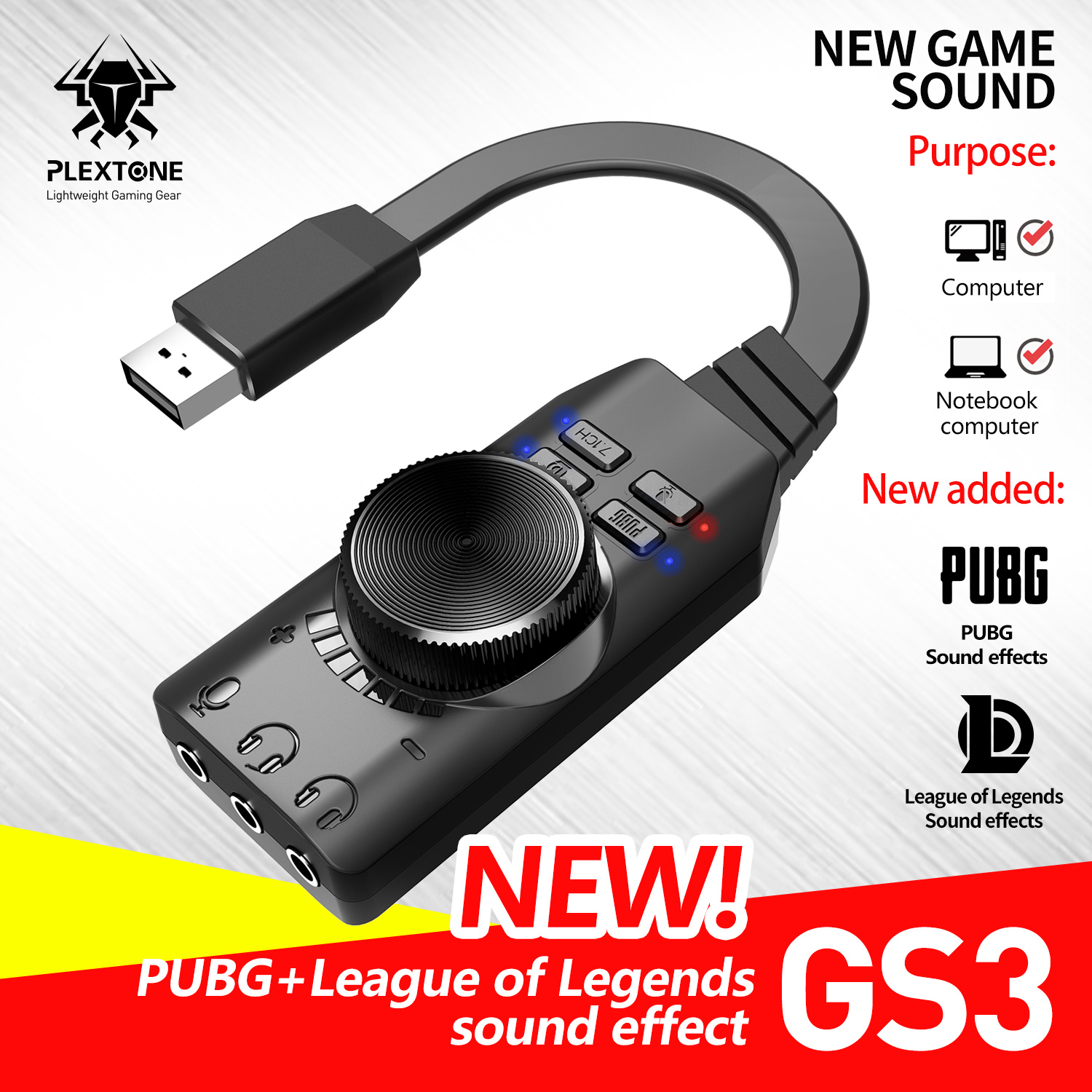 PLEXTONE GS3 Virtuelle 7,1 Kanal USB Soundkarte Adapter 3,5mm Kopfhörer Audio- Jack Stereo Konverter für PUBG, Handy, Mobiltelefon Legenden,CS