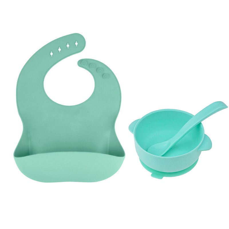 Conjunto de alimentação de silicone crianças utensílios de mesa tigela de sucção de silicone de grau alimentício com colher prato de bebê bpa livre babadores de silicone: Mint