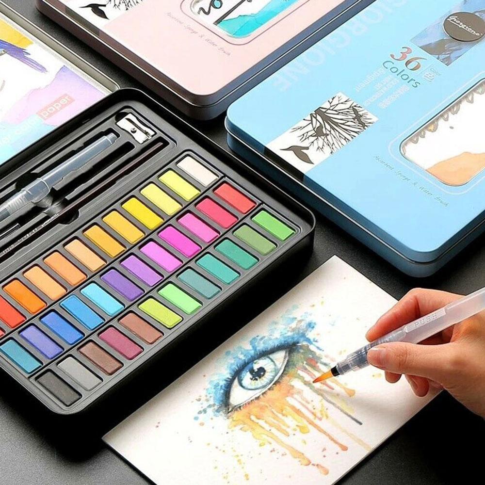 Juego de pintura de acuarela , sólido, 36/48 colores, conjunto de arte con pincel de agua, pigmento para pintar de acuarela