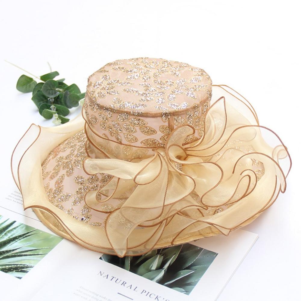 Bruiloft Zon Hoeden Voor Vrouwen Elegante Avond Bloem Organza Pailletten Hoed Chapeau De Mariage Bruiloft Accessoires YSAN610: Khaki