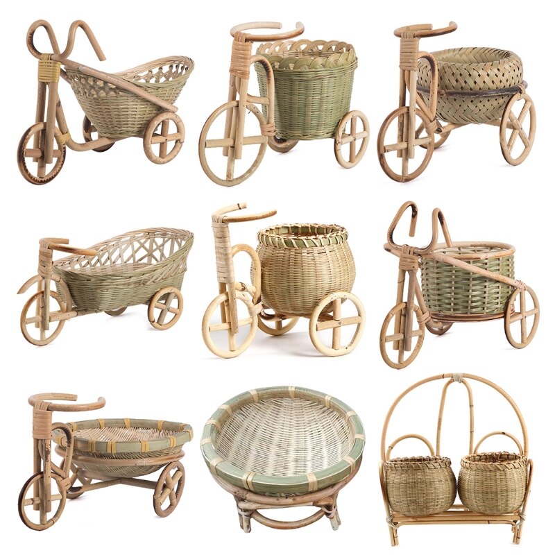 Mini Triciclo de ratán tejido para fruta, cesta de almacenamiento de mimbre hecha a mano de bambú para fruta, comida, pan, organizador, manualidades artísticas