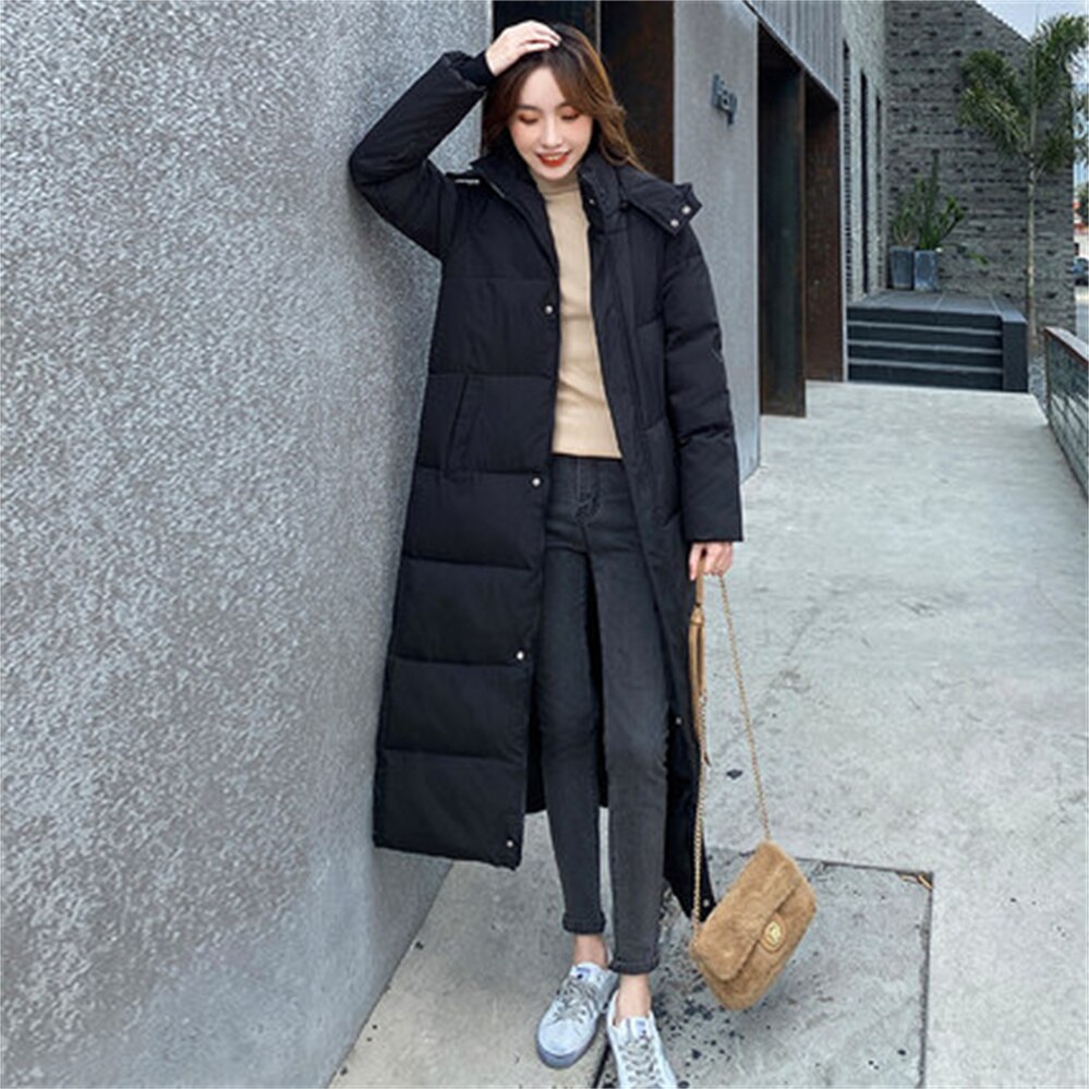 Chaqueta acolchada de plumón para mujer, chaqueta holgada larga por encima de la rodilla, versión coreana, gruesa, H552,: Negro / L