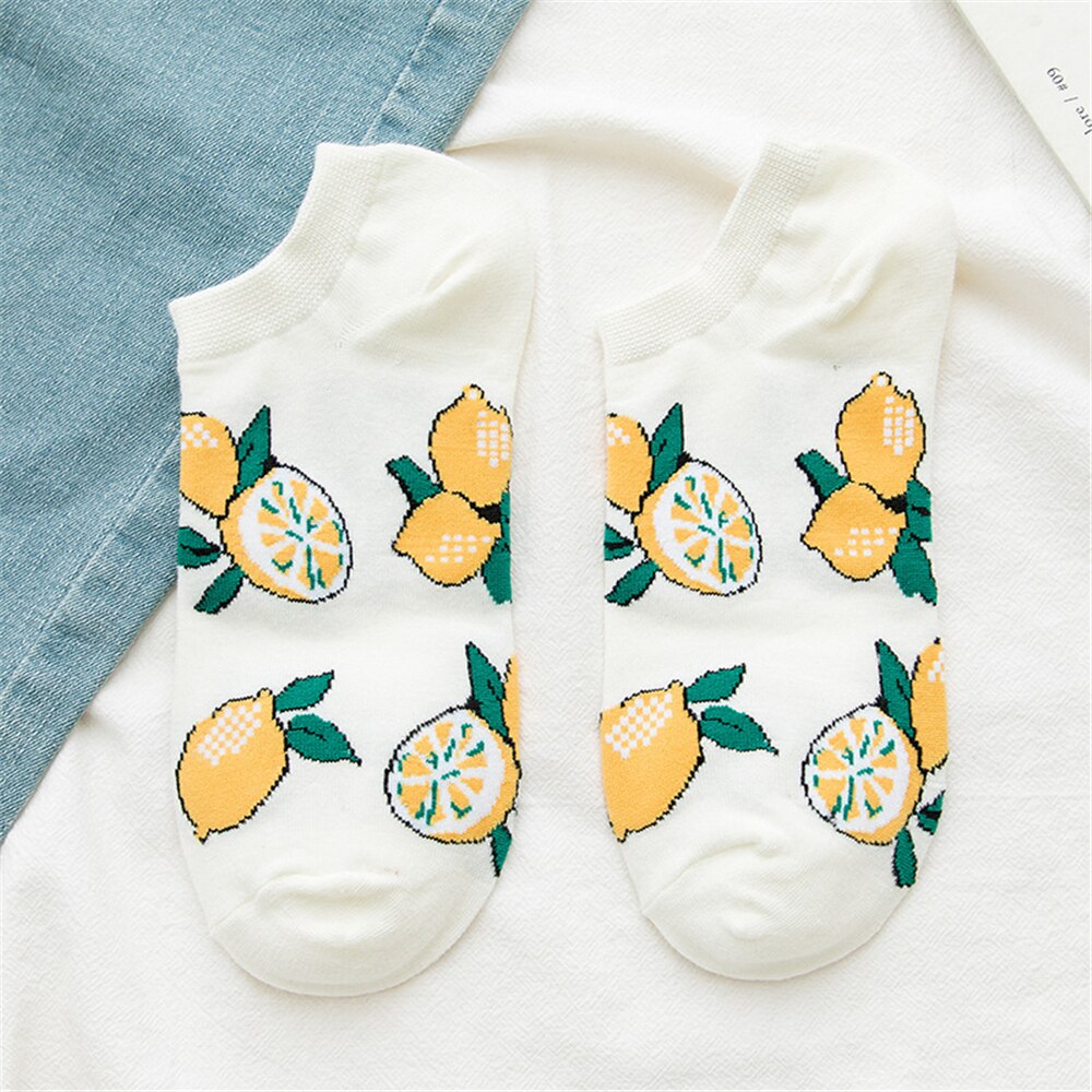 Girls summer funny cute cartoon happy fruit socks avocado strawberry watermelon banana lemon peach sokken: White Lemon