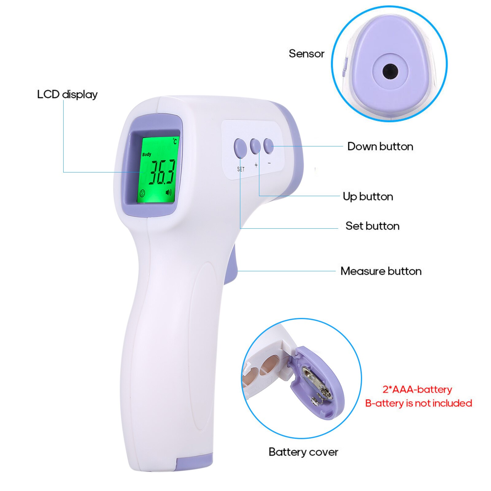 termometro infrarojo digital adulto Termómetro Digital infrarrojo IR sin contacto, Sensor de temperatura para frente, cuerpo/objeto, medición LED para bebés/adultos