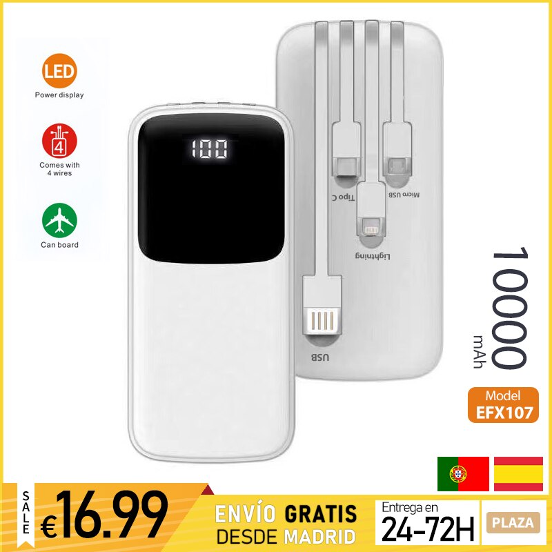 10000 mah power bank, multifunctional external battery with 4 cables, micro usb, type c, flash, portable mobile charger, led, digital