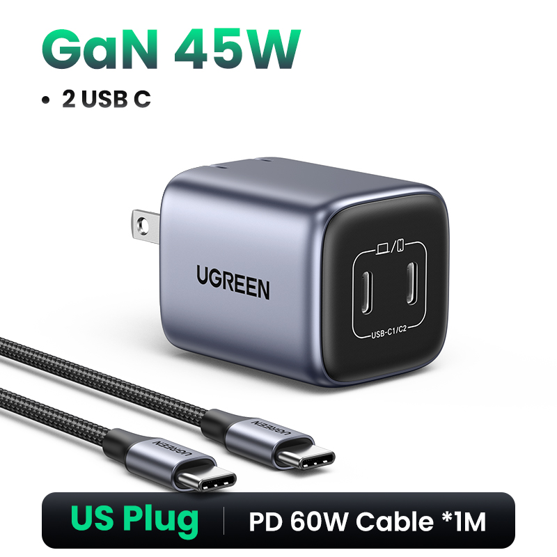 UGREEN-cargador USB con enchufe de EE. UU., Cargador rápido de 45W GaN, PD QC 3,0, USB C, cargador rápido para iPhone 14 13, cargador portátil de viaje: US