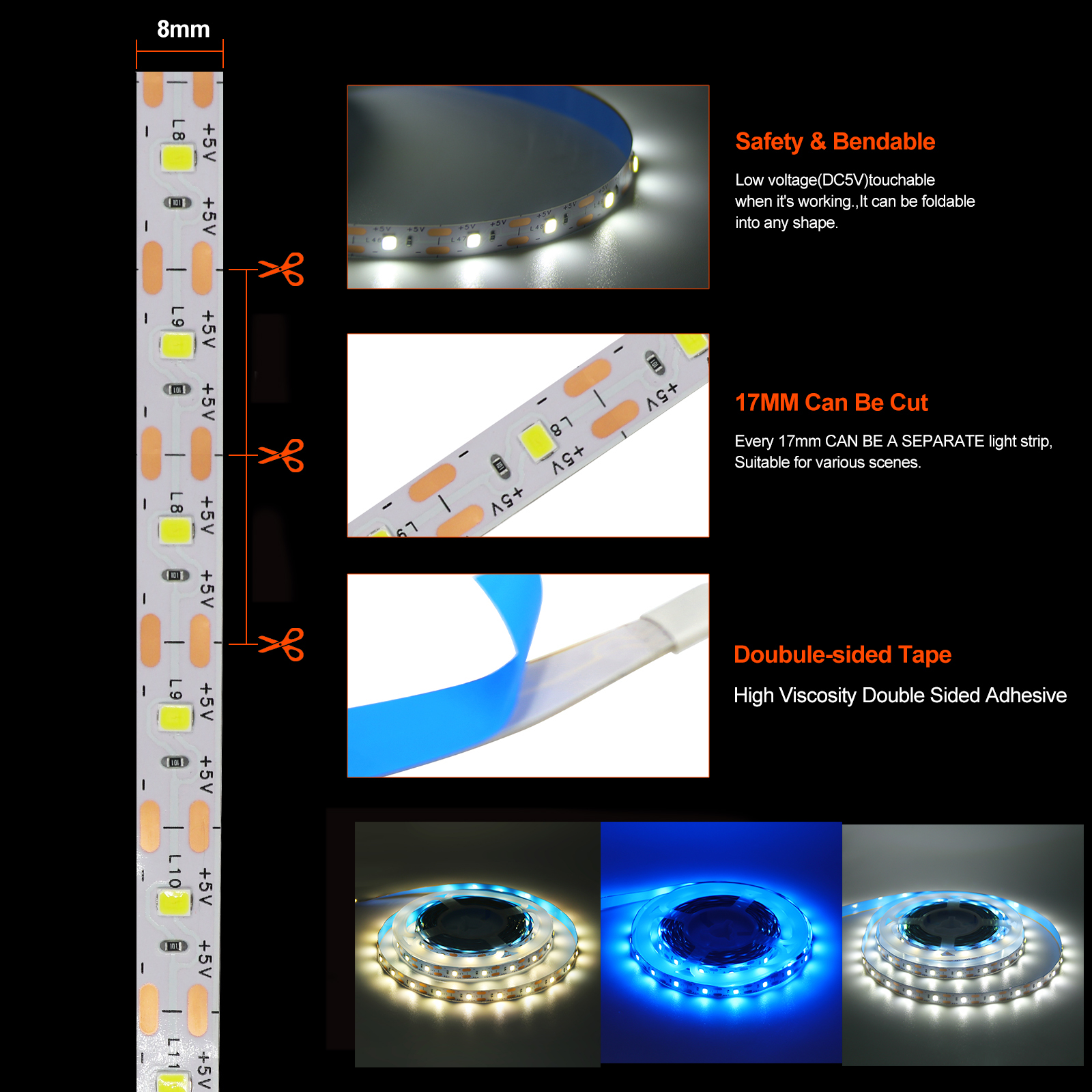 Tira de luces LED alimentada por batería DC 5V SMD 3528 60Leds/m retroiluminación de TV decoración de habitación cuerda Ribbbon Flexible luces LED 0,5 m 1m 2m