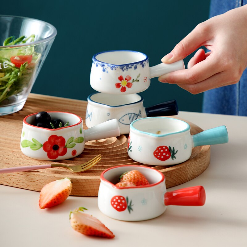 Recipiente cerámico para leche 50ML, cocina antiadherente, Mini olla para leche, utensilios de cocina, Cute jarra de leche de fresa con mango, platos de inmersión para ensalada