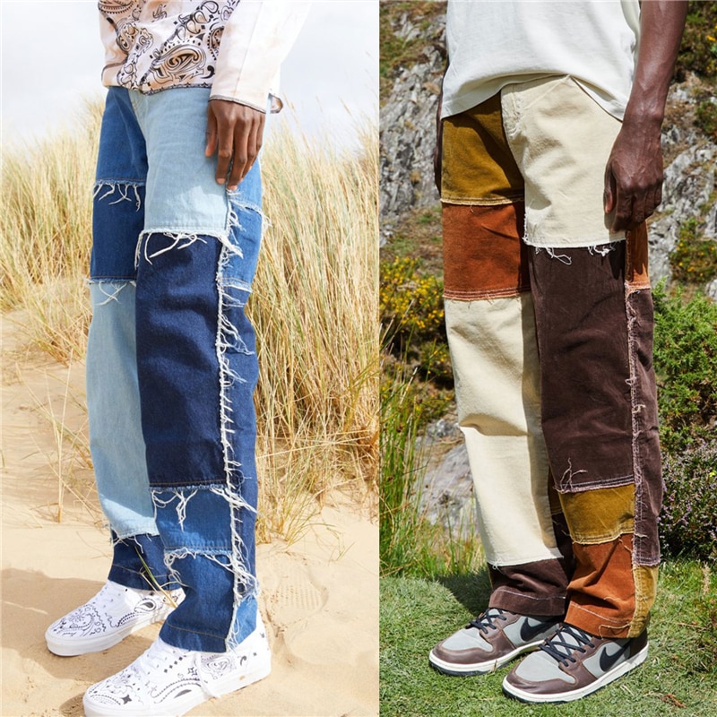 Spring Men's Straight Leg Jeans Frayed Patchwork Color Block Relaxed Fit Denim Pants Stylish Fit Long Trousers