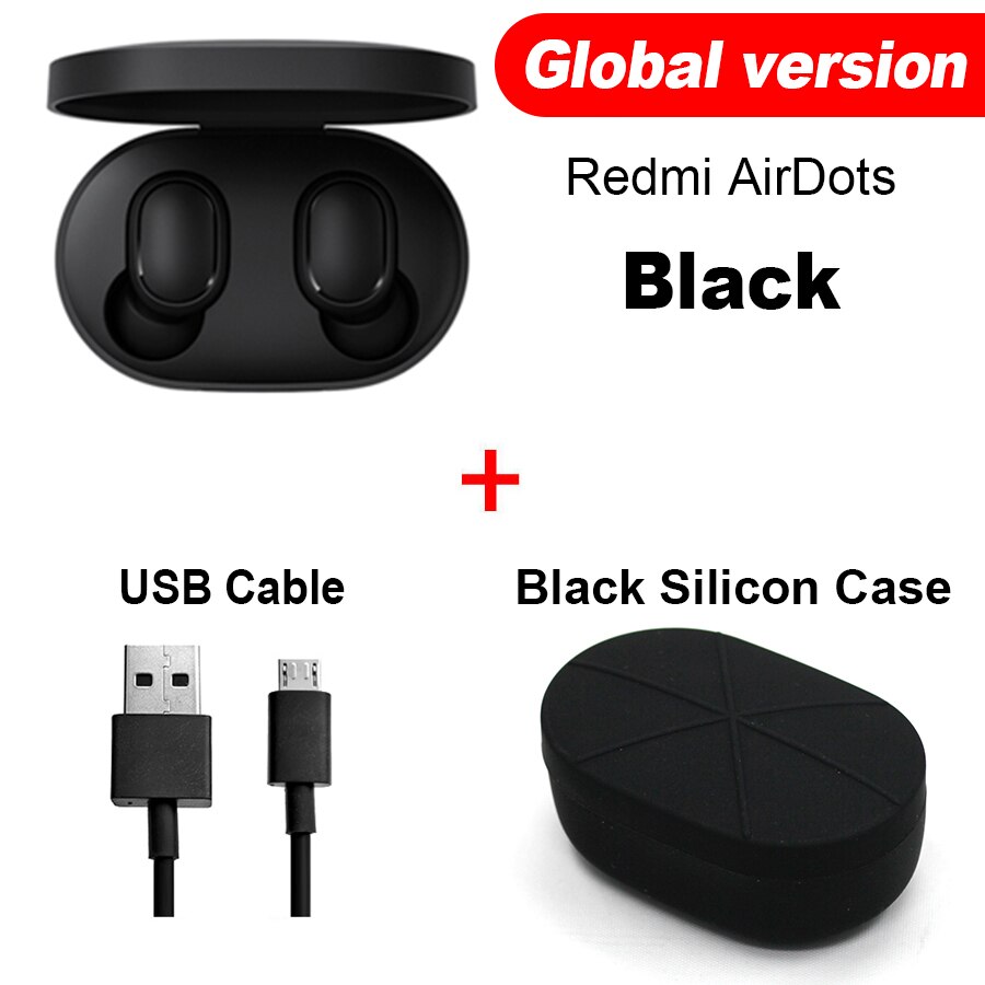 Original Xiaomi Redmi Airdots Xiaomi TWS Wireless Earphone Handsfree Voice Control Bluetooth 5.0 Noise Reduction Tap Control: Glo Cable Black Case