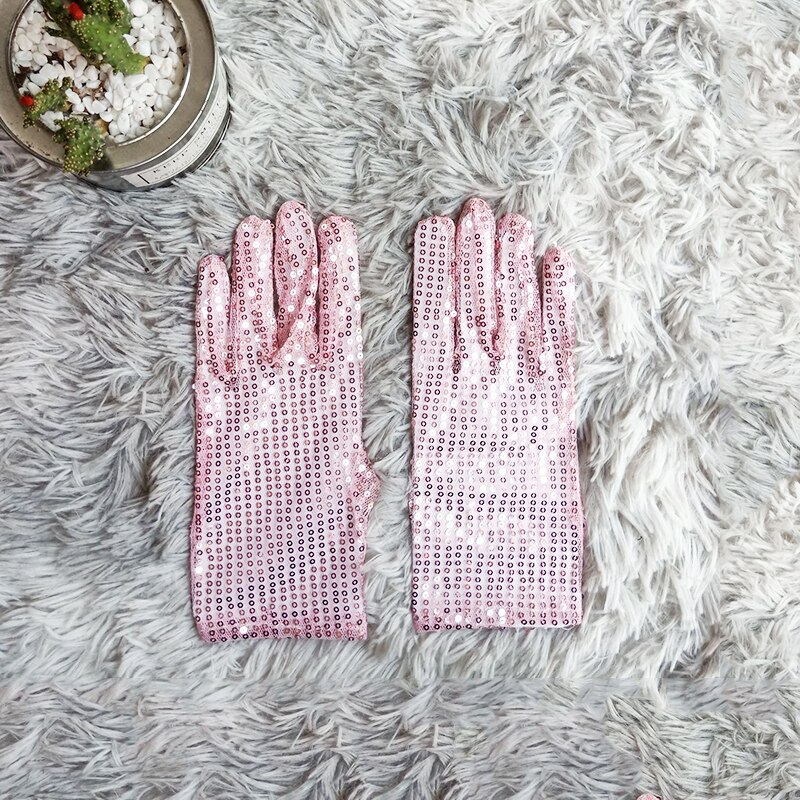 Guantes brillantes Unisex para adultos y niños, con lentejuelas y purpurina, para actuaciones en escenario, baile brillante, , disfraz, mitones elásticos: pink