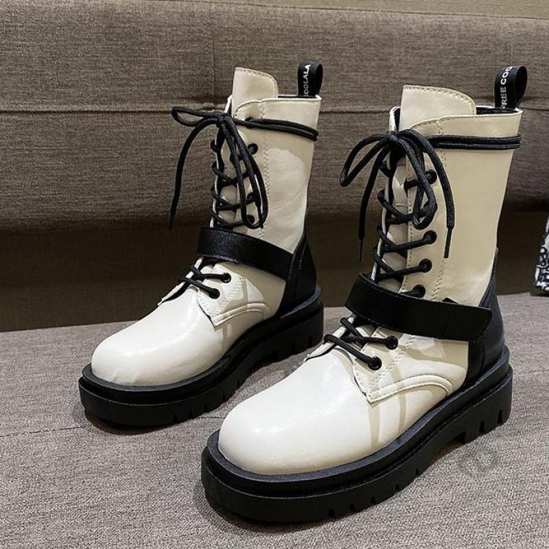 Mid-calf støvler komfortable sko elegante snøre platform støvler efterår all-match britisk vind pu læder kvinde krydsbundet