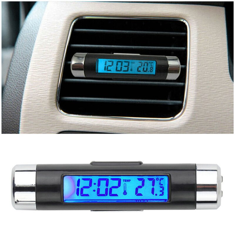 2 In1 Auto Klok Thermometer Lcd Digitale Blauwe Auto Backlight Automotive Thermometer Klok Kalender Met Clip