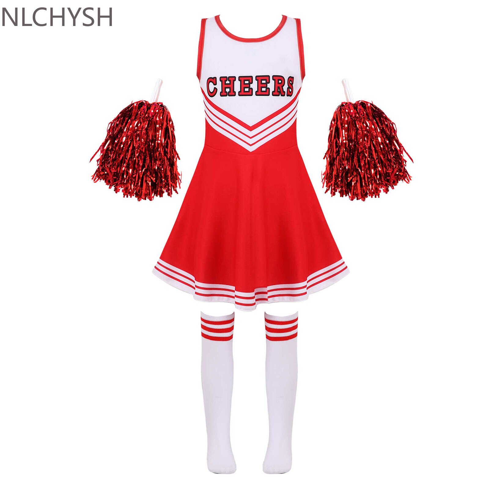 Mädchen Cheerleading Uniform tanzen Kostüm freundlicher Cheerleader Outfit Runde Ausschnitt Patchwork Stil tanzen Kleid Blume und Socken: verrotten / 110