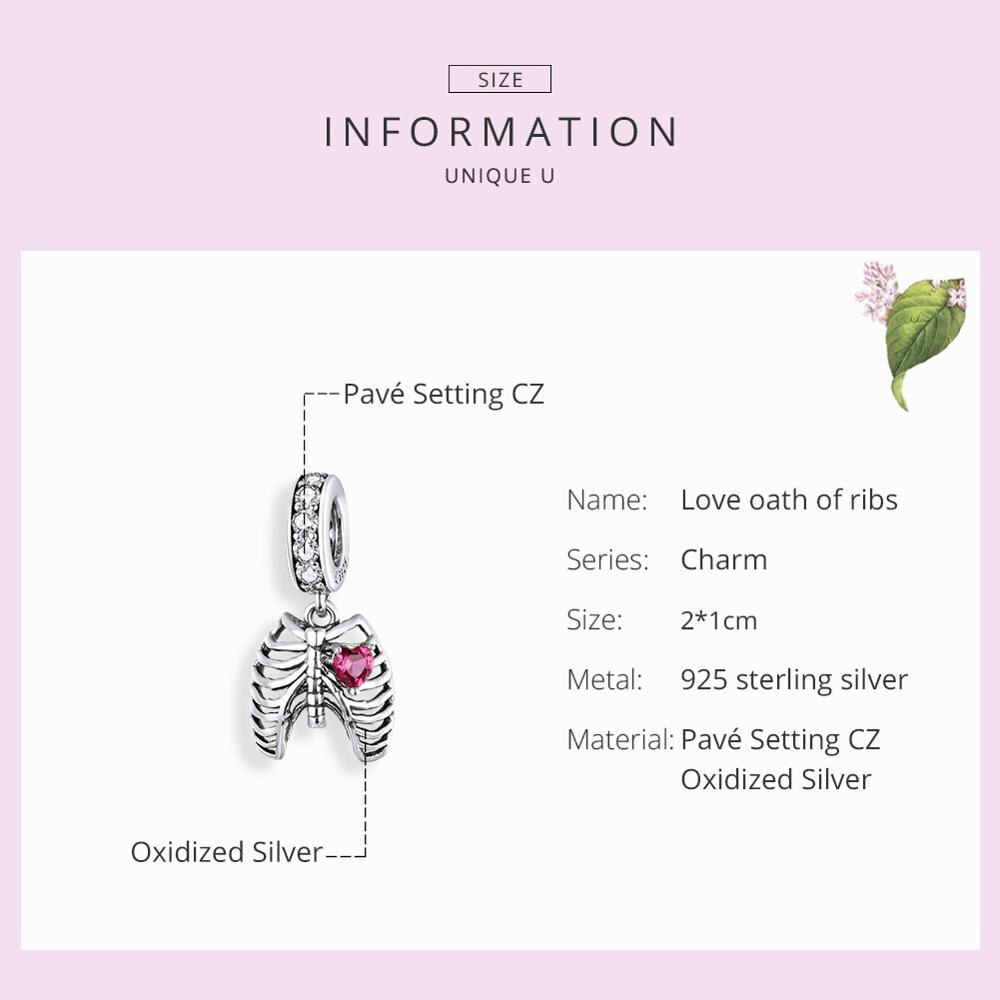 WOSTU Lungs Ribs Chams Real 925 Sterling Silver Fit Original Bracelet Pendant Love oath of ribs Zircon Beads Jewelry FIC1459