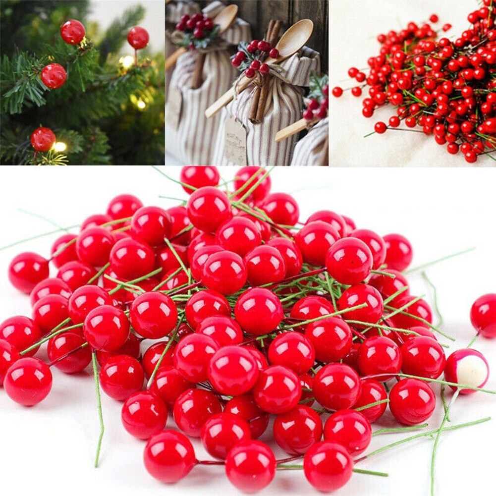 100Pcs Christmas Leaf Tree Red Artificial Cherry Holly Berry Branch Ornaments