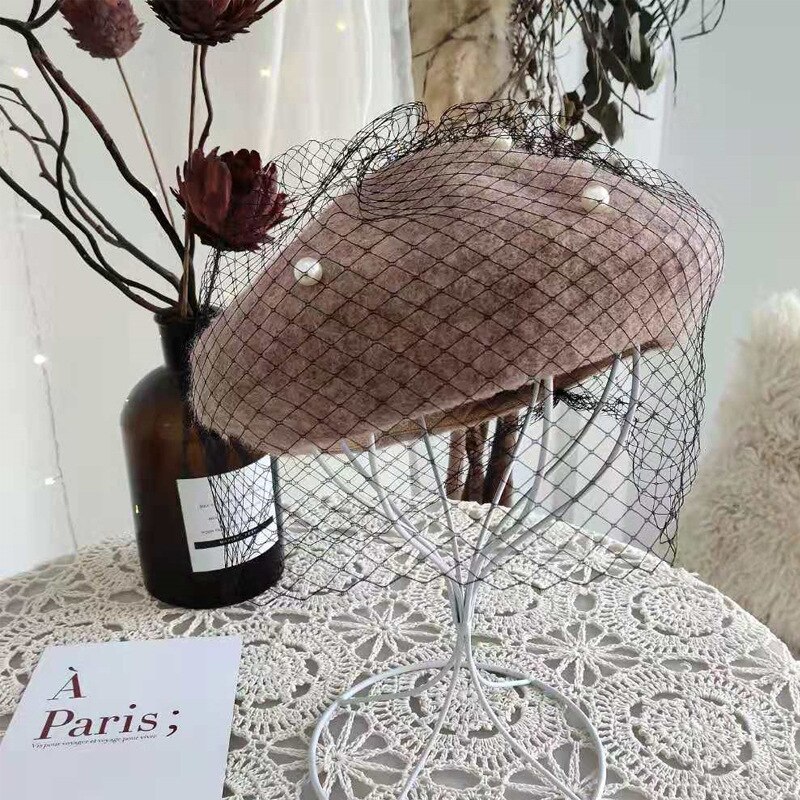 Lady Autumn Winter Berets Hat Pearl Lace Veil Painter Hat Women Sweet Vintage Berets Caps Female Bonnet Warm Walking Cap