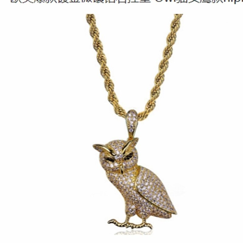 Collar de latón dorado con forma de búho para hombre, Micro almohada de circón cúbico de 24 pulgadas, cadena de abalorios de cuerda