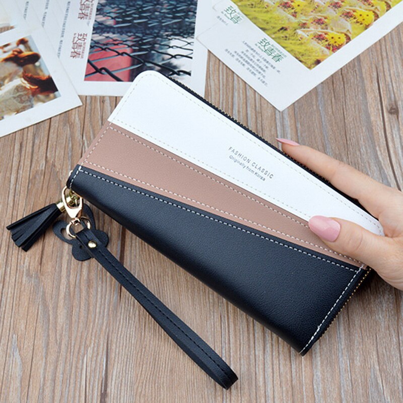 SHUJIN Geometric Women Wallets with Zipper Pink Phone Pocket Card Holder Patchwork Long Wallet Lady Tassel Short Coin Purse: B