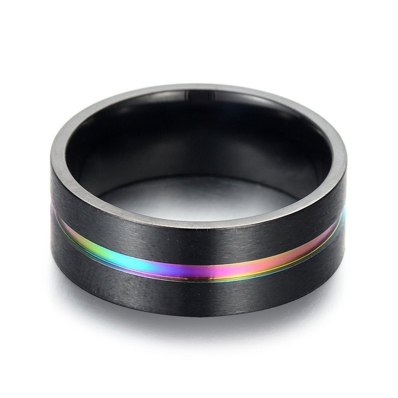 FDLK Men&#39;s Jewelry Black Stainless Steel Wedding Ring 8mm Colorful Rainbow Ring Size 6-13