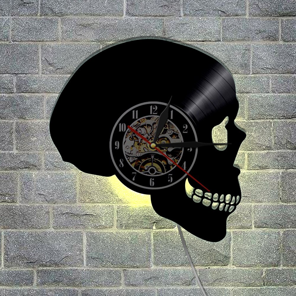 Skelet Hoofd Vinyl Record Wandklok Schedel Hoofd Silhouet Shadow Led Wandklok Batterij Operated Slaapkamer Decor Halloween