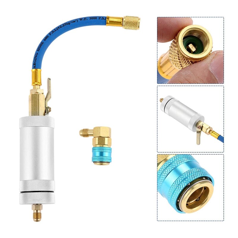 Compresor R134A, eyector de tinte de aceite, 1/4 pulgadas, SAE macho y hembra, doble cabezal, refrigeración, aire, aceite acondicionador, cilindro de llenado R
