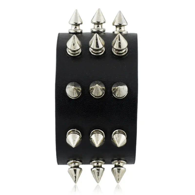Punk Gothic Rock Drie Rij Metalen Kegel Stud Spikes Rivet Lederarmband Bangle Brede Manchet Armband S158