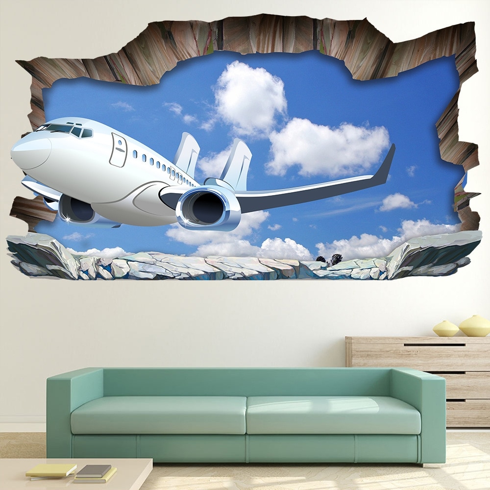 3D Aircraft Broken Wall Floor Sticker Waterproof Blue Sky White Clouds Wall Sticker For Bathroom Kids Rooms Home Decor Art Mural